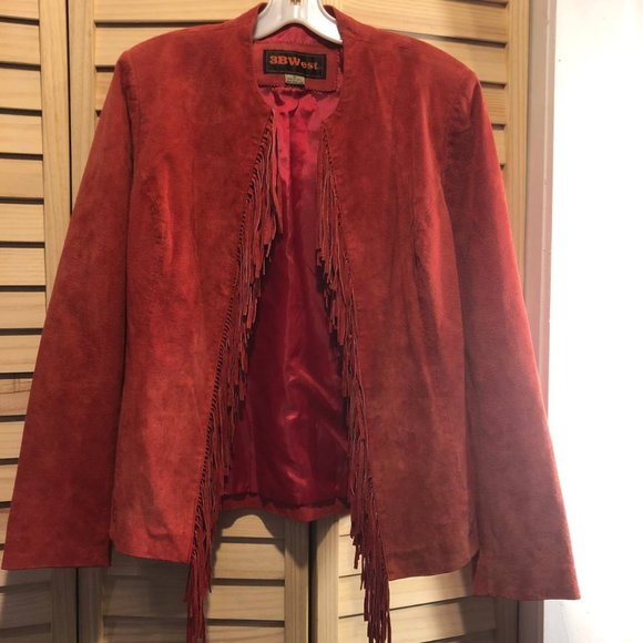 3BWest Women's Fringed Leather Jacket Red Suede Open Front - Picture 2 of 11